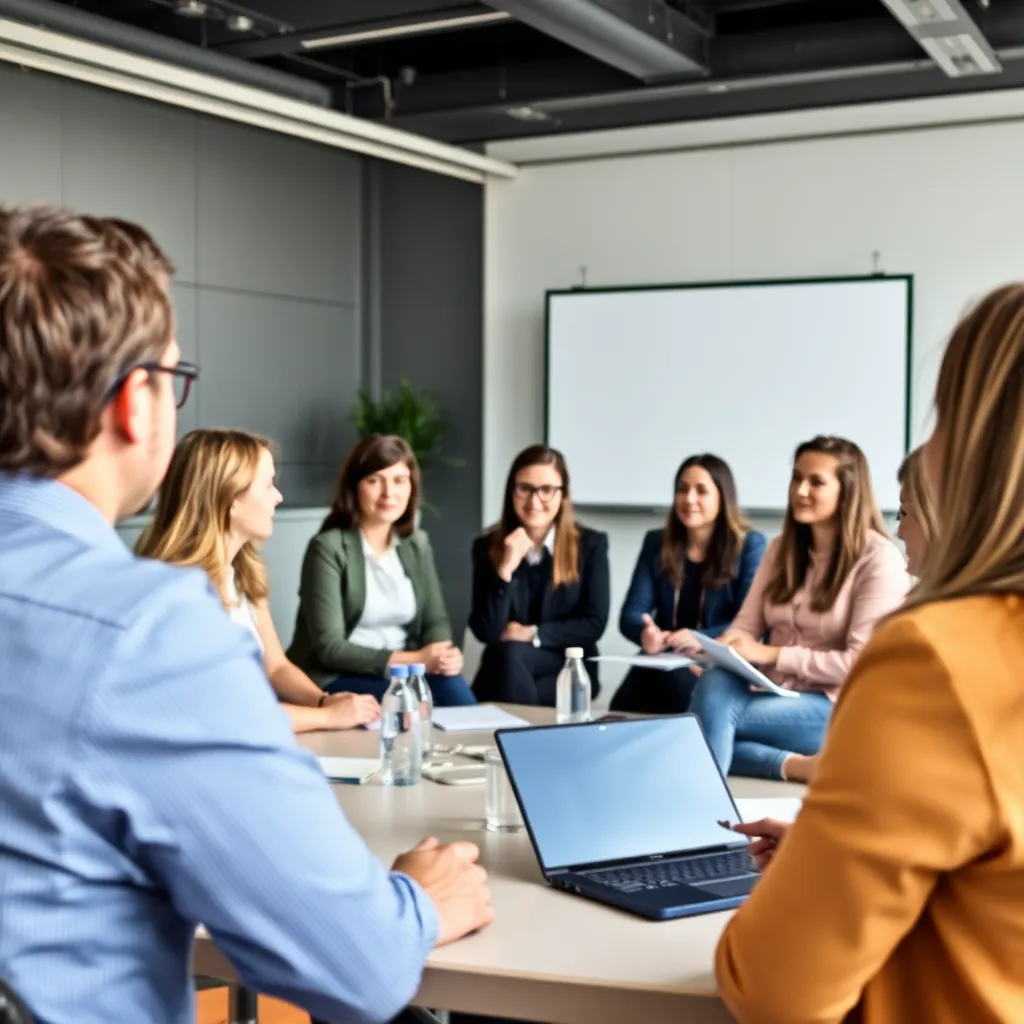 Professionele groep tijdens een interactieve workshop over carrièregroei in een moderne Nederlandse kantooromgeving