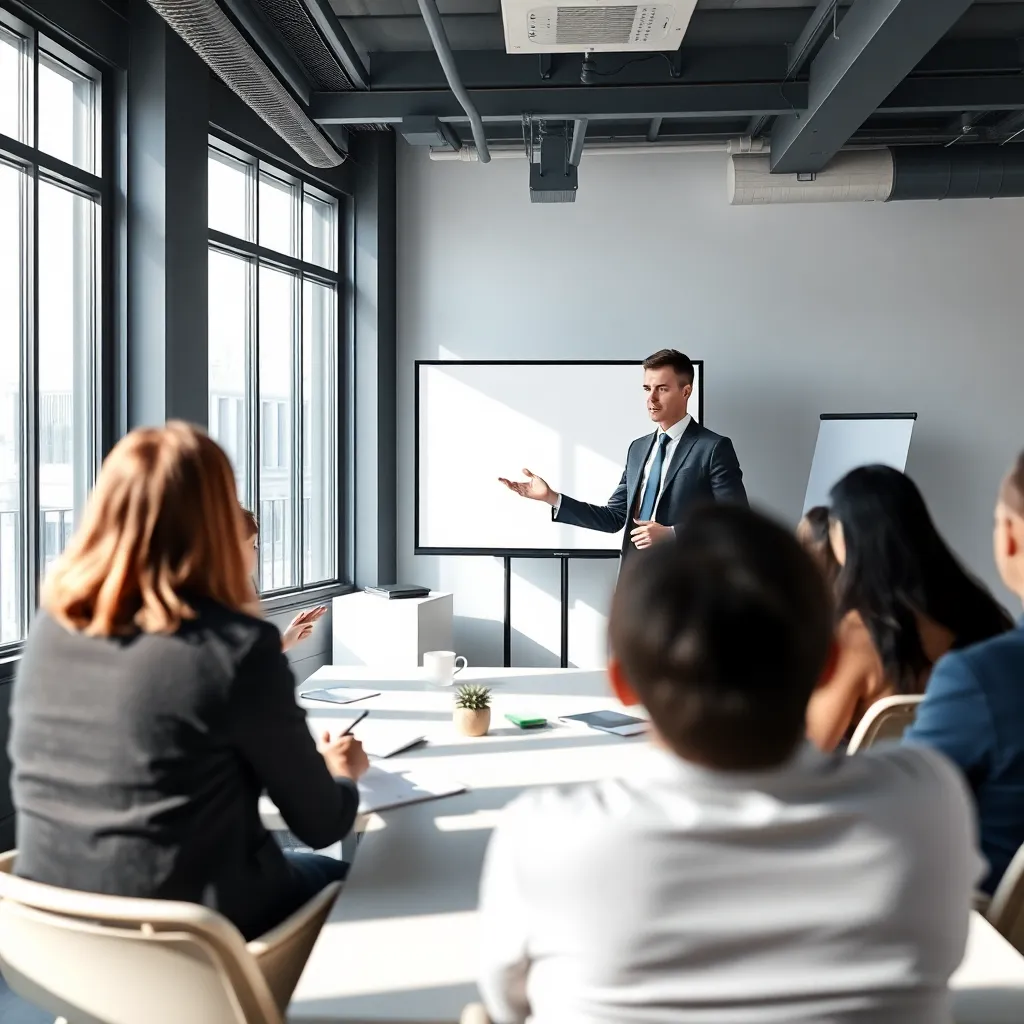 Professional geeft presentatie in modern Nederlands kantoor