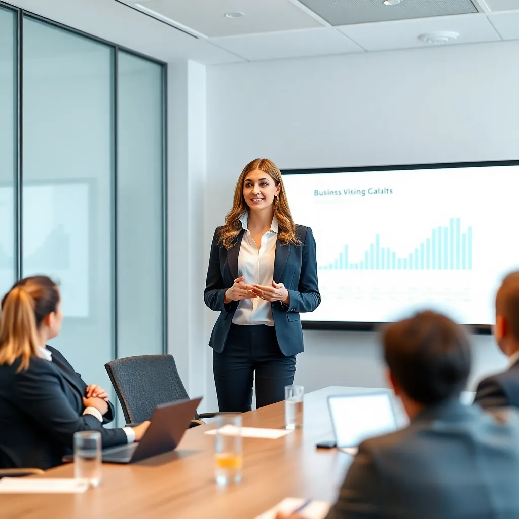 Professionele vrouw presenteert aan Nederlands managementteam