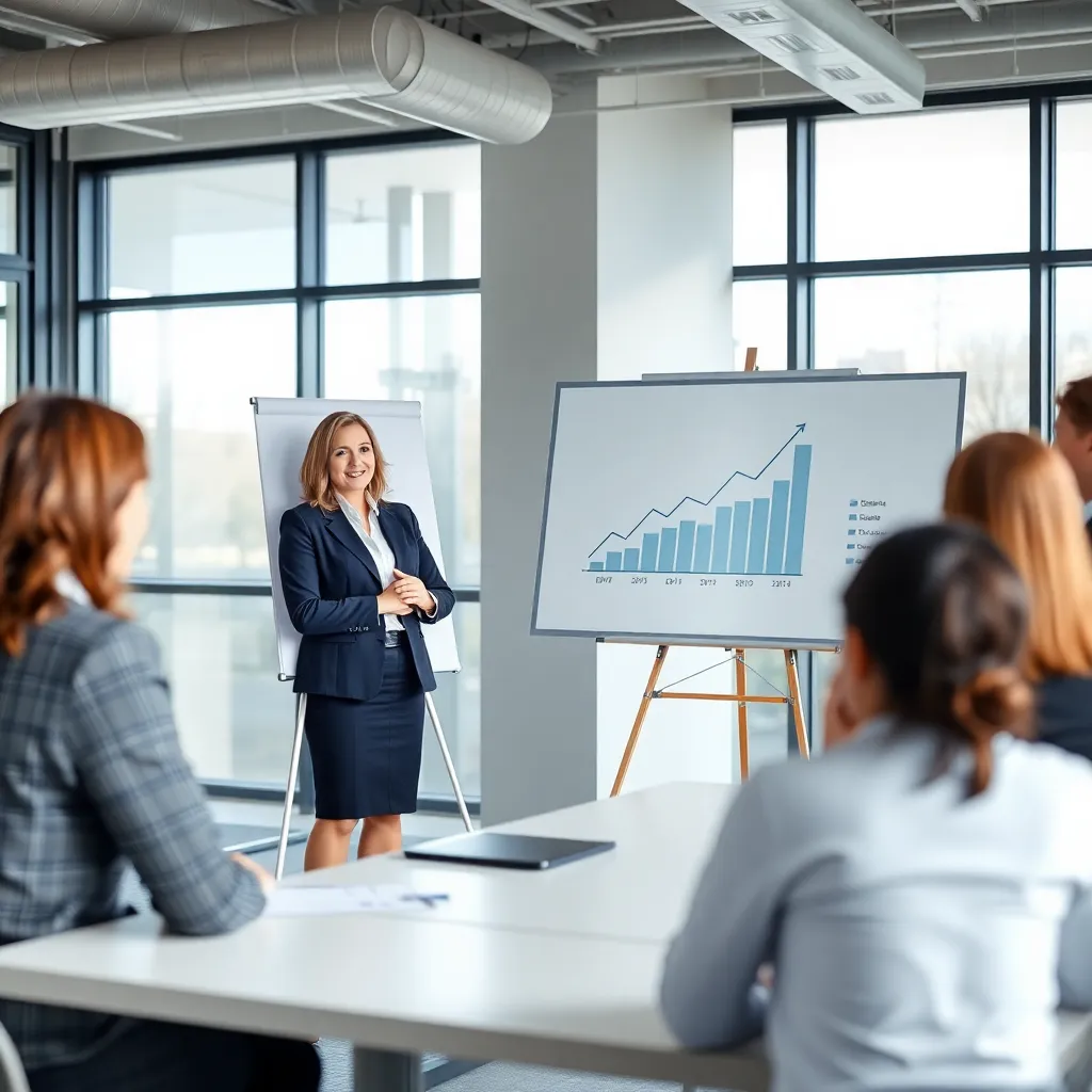 Professional die presenteert voor een groep collega's in een moderne vergaderruimte