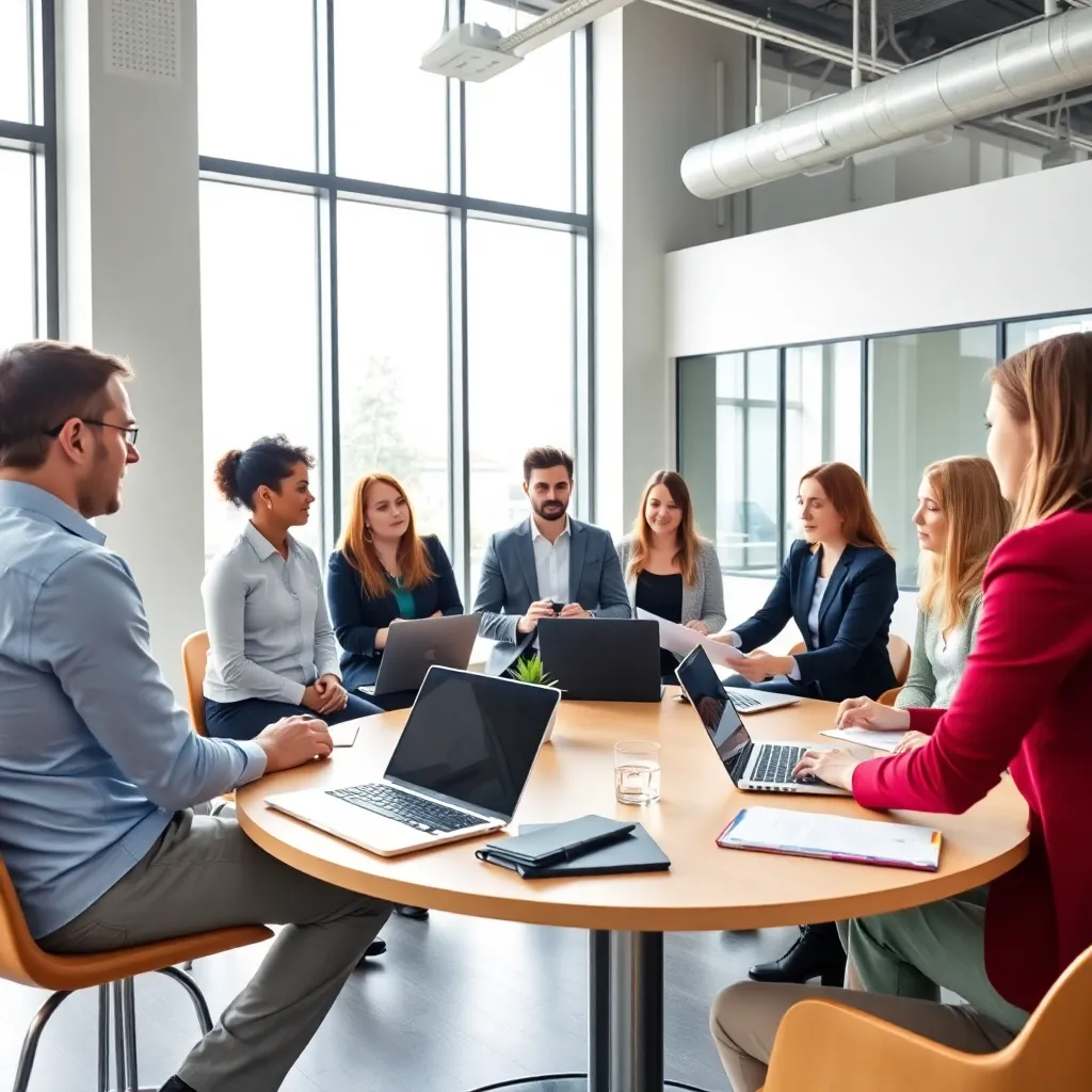 Diverse professionals in een vergaderruimte bespreken een strategieplan