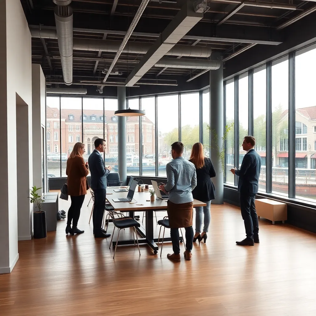 Modern Nederlands kantoor met open werkruimte en samenwerkende professionals